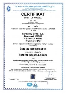 Certifikát ISO 9001:2016 a 3834-2:2022